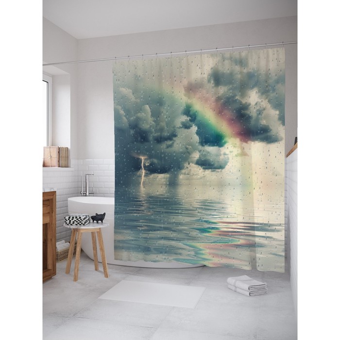 Фотоштора для ванной Magic Lady "Радуга в дождливом небе", 180х200 см, п/э 100%