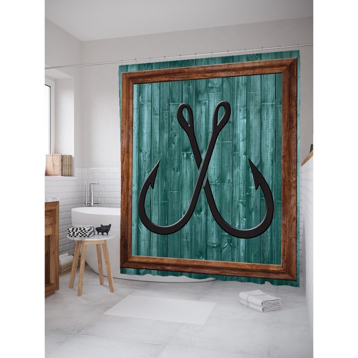 Фотоштора для ванной Magic Lady «Рыболовные крючки, доски, картина», 180х200 см, п/э 100%