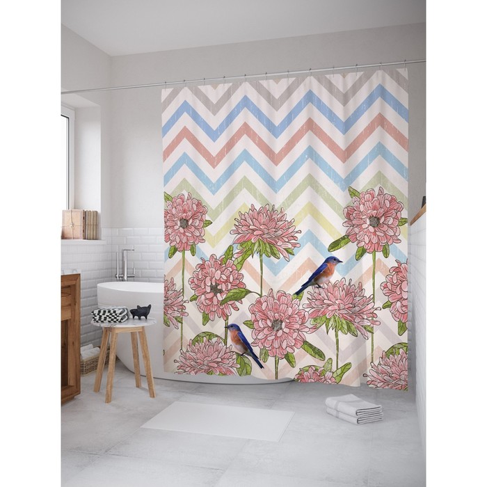 Фотоштора для ванной Magic Lady "Цветы и птицы", 180х200 см, п/э 100%