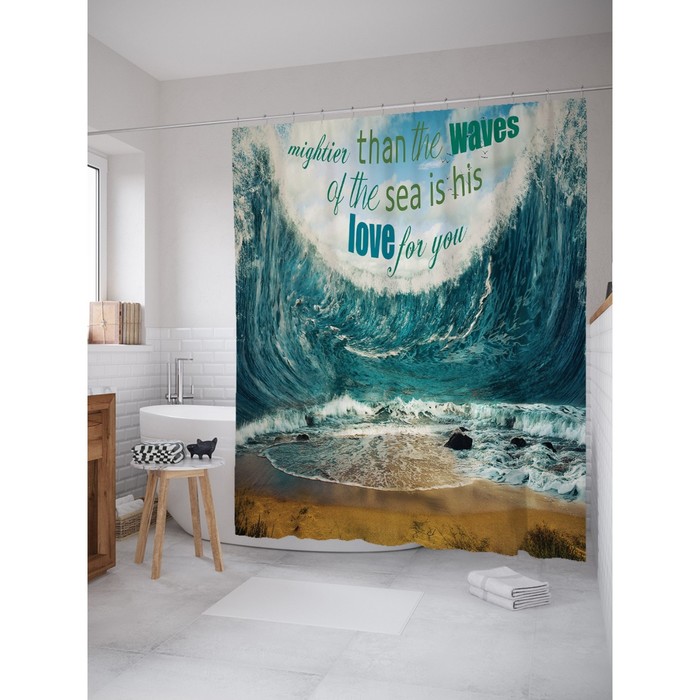 Фотоштора для ванной Magic Lady «Любовь сильнее цунами, море», 180х200 см, п/э 100%