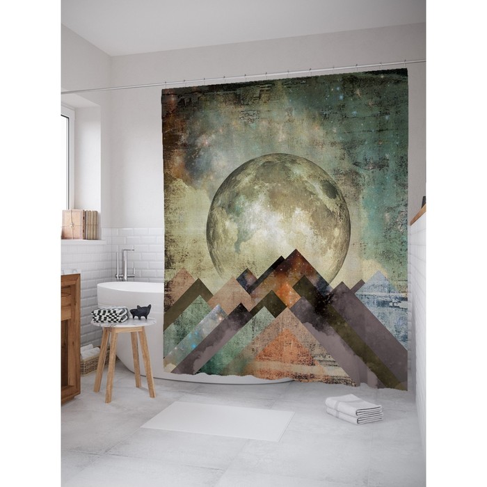 Фотоштора для ванной Magic Lady "Планета над горным хребтом", 180х200 см, п/э 100%