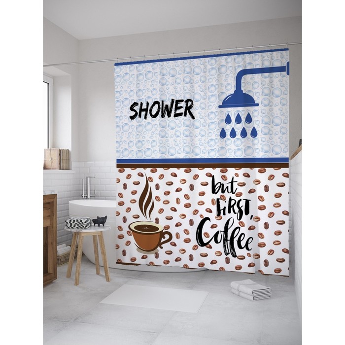 Фотоштора для ванной Magic Lady "Сперва кофе, затем - душ!", 180х200 см, п/э 100%