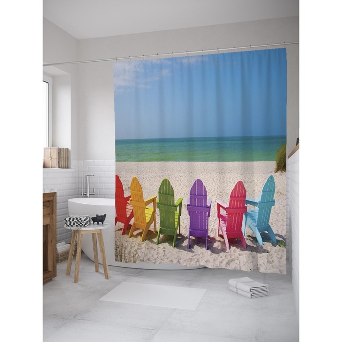 фото Фотоштора для ванной joyarty «разноцветные шезлонги», размер 180 х 200 см
