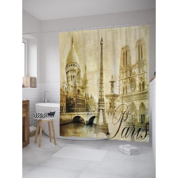 Фотоштора для ванной Magic Lady "Достопримечательности Парижа", 180х200 см, п/э 100%