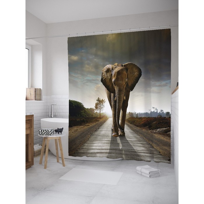 Фотоштора для ванной Magic Lady "Слон на пустынной дороге", 180х200 см, п/э 100%