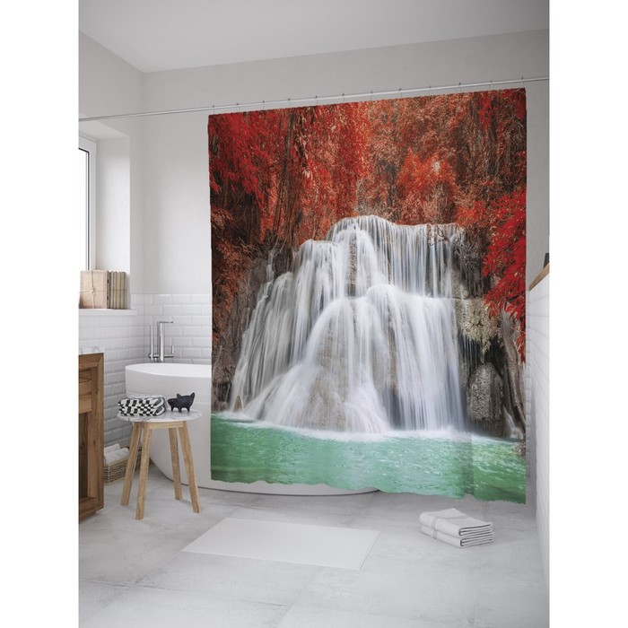 Фотоштора для ванной Magic Lady "Водопад в красном лесу", 180х200 см, п/э 100%