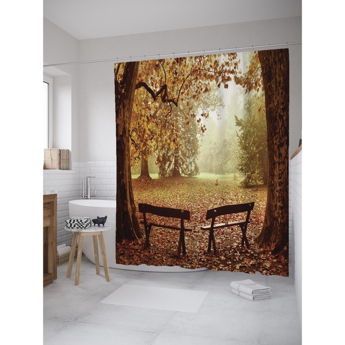 Фотоштора для ванной Magic Lady «Старые скамейки в парке», 180х200 см, п/э 100%