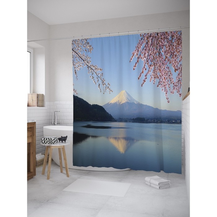 Фотоштора для ванной Magic Lady «Гора фудзияма и сакура», 180х200 см, п/э 100%
