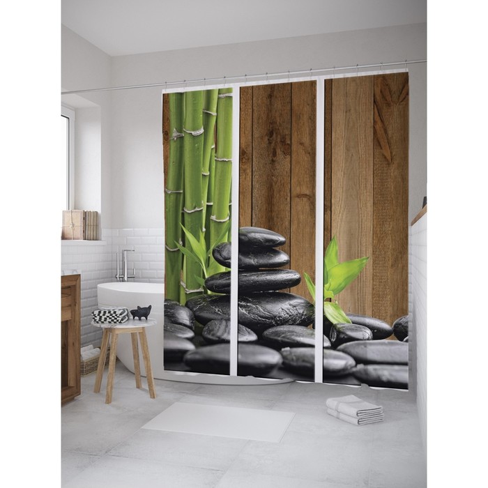 Фотоштора для ванной Magic Lady "Стебли бамбука и камни", 180х200 см, п/э 100%