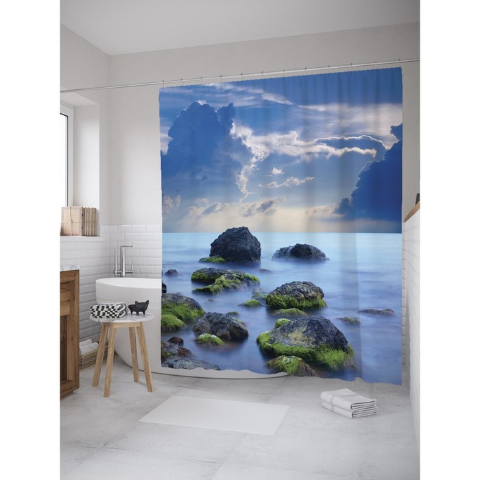 Фотоштора для ванной Magic Lady "Мшистые камни", 180х200 см, п/э 100%