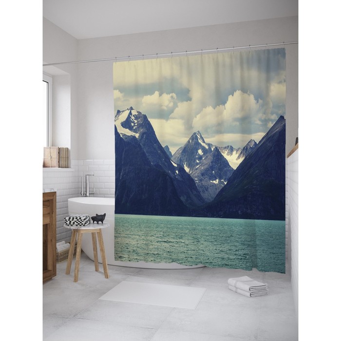Фотоштора для ванной Magic Lady "Горы над голубой водой", 180х200 см, п/э 100%