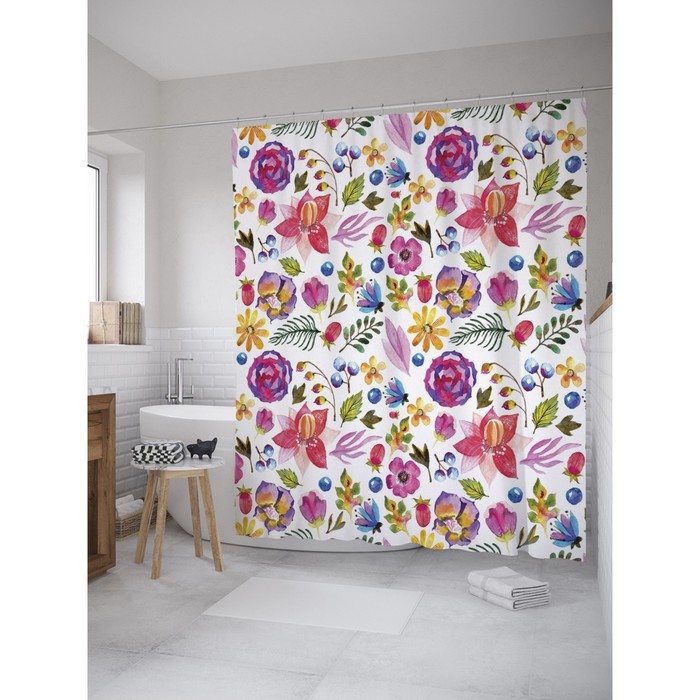 Фотоштора для ванной Magic Lady "Цветы и ягоды", 180х200 см, п/э 100%
