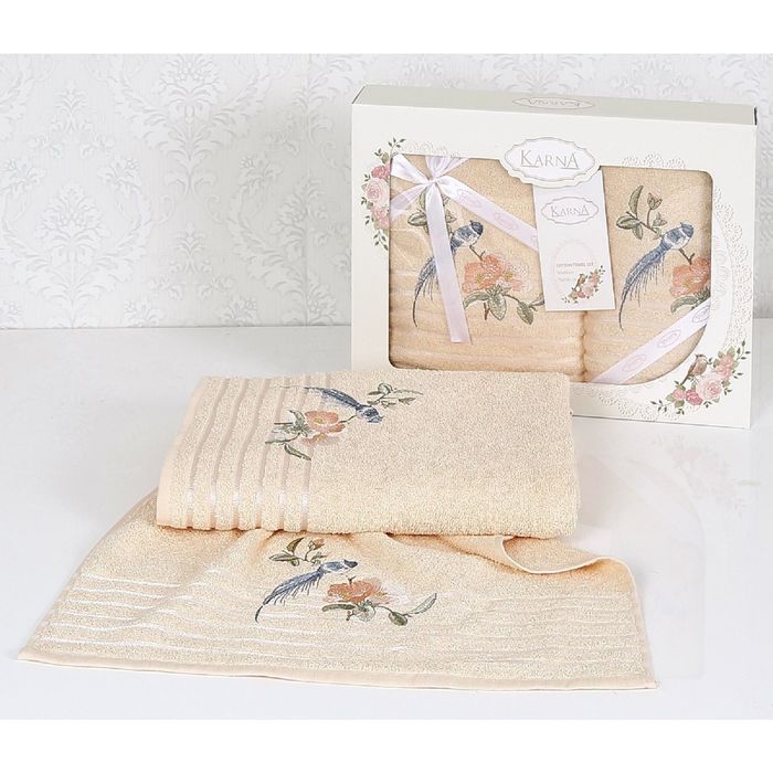 Комплект полотенец KARNA ESTE, размер 50x90-1 шт., 70х140-1 шт., махра 380 г/м2, цвет абрикос 1791