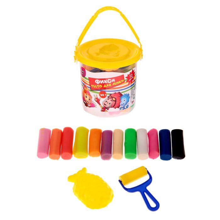 Набор теста для лепки "Фиксики": 12 цветов, 90 г + формочка + валик, МИКС