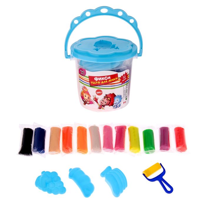 Набор теста для лепки "Фиксики": 12 цветов, 204 г + формочки + валик, МИКС