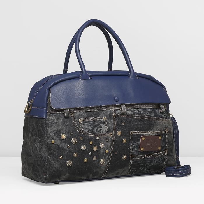 Сумка дорожная, отдел на молнии, наружный карман, длинный ремень, цвет чёрный/синий