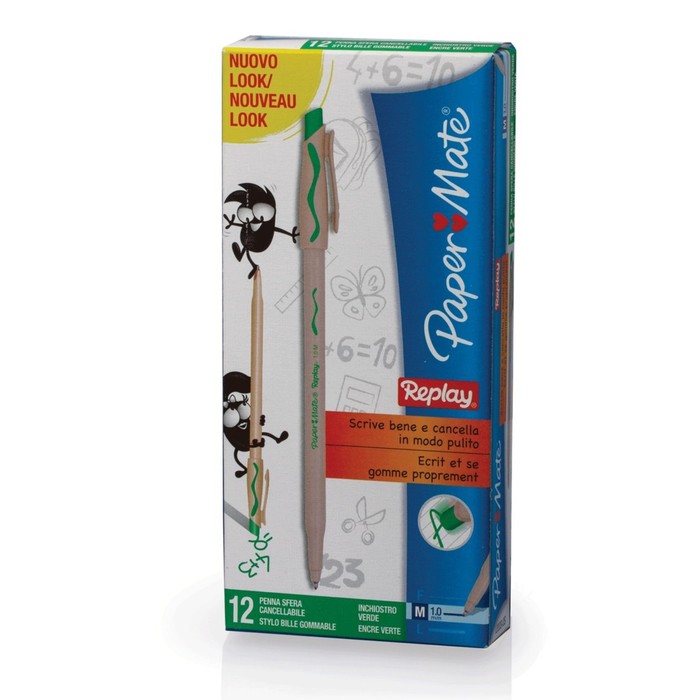 Ручка Пиши-стирай шариковая PAPER MATE Replay, толщина письма 1,0 мм, стержень зелёный