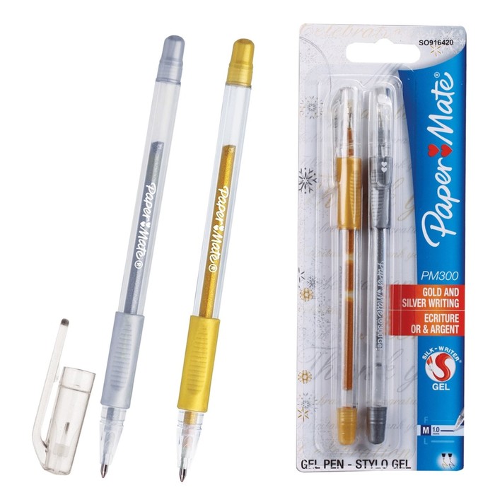 Набор ручек гелевых 2 штуки PAPER MATE PM 300, толщина письма 0,7 мм, блистер, стержень: золото, серебро