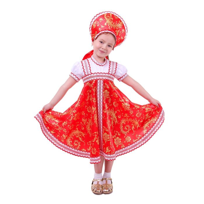 купить Русский народный костюм для девочки с кокошником, р-р 68, рост 134 см, красно-бежевые узоры