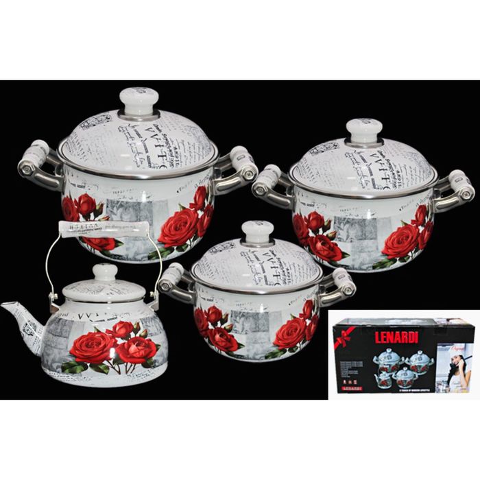 Набор из 3 эмалированных кастрюль с крышками "Красная роза" 2,2 л -18 см, 4 л -22 см, 6,5 л -26 см, и чайник 2,5 л, в подарочной упаковке