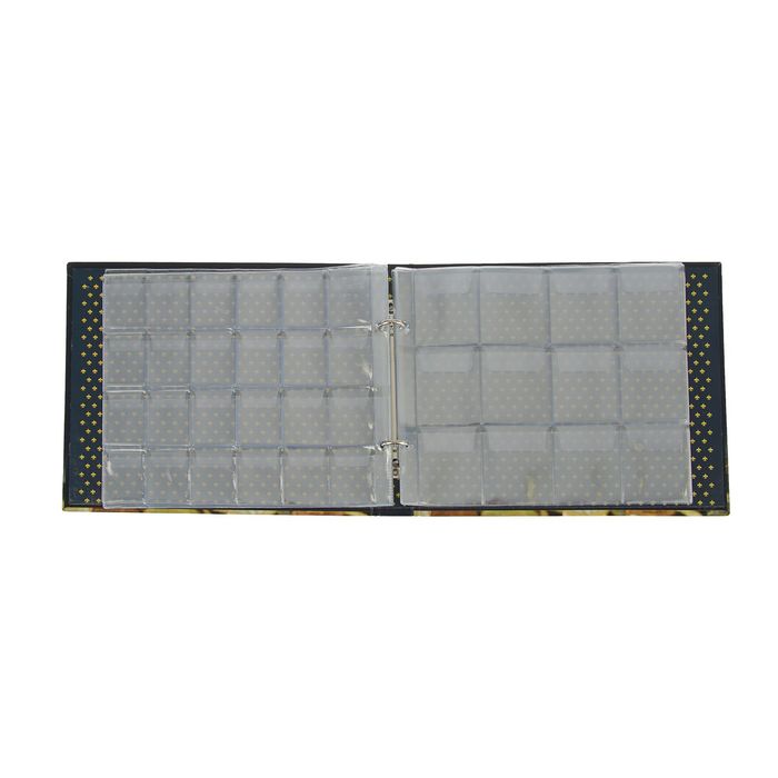 Альбом для монет горизонтальный на кольцах 230*170 мм, 5 листов по 24 монеты ячейки 34х39 мм + 5 листов по 12 монет ячейки 48х52 мм, ламинированный картон