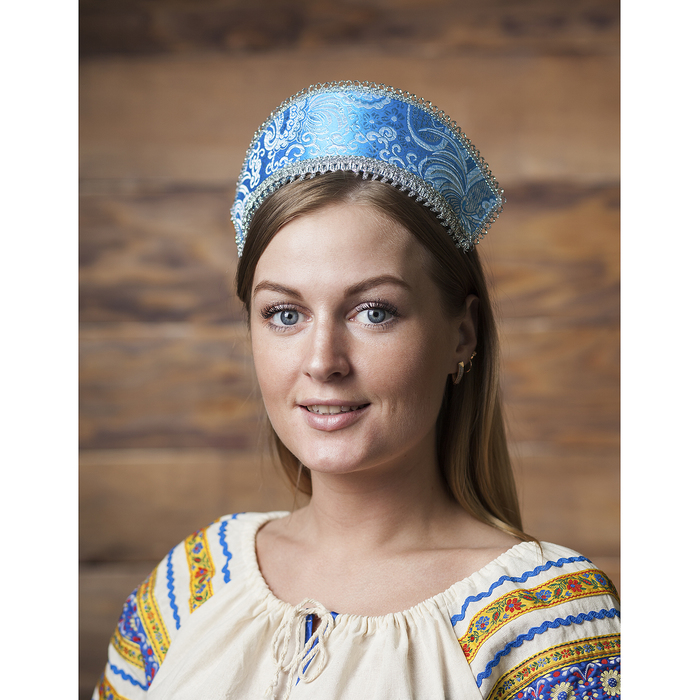 Кокошник "Радость" голубая парча
