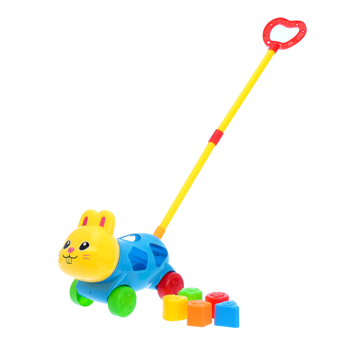 Каталка на палке логическая «Зайка» с сортером, длина ручки 52 см, цвета МИКС