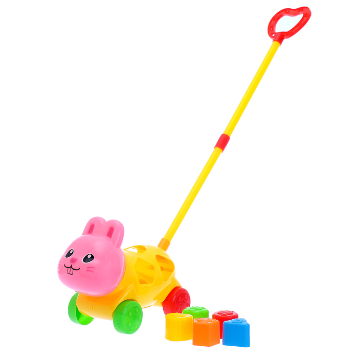 Каталка на палке логическая «Зайка» с сортером, длина ручки 52 см, цвета МИКС