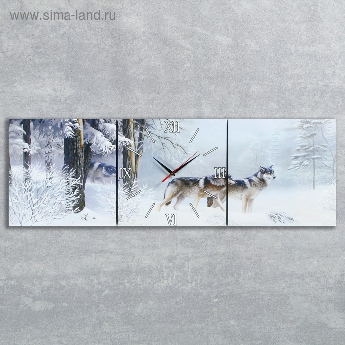 фото Часы настенные, серия: животный мир, модульные "волки в зимнем лесу", 35х110 см, микс сюжет