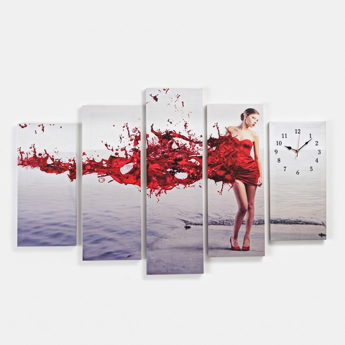 фото Часы настенные модульные «девушка в красном», 80 × 140 см сюжет