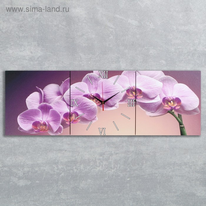Часы настенные, модульные, серия: Цветы, Фиолетовые орхидеи, 35х110 см часы картина настенные серия цветы фиолетовые орхидеи 35 х 100 см