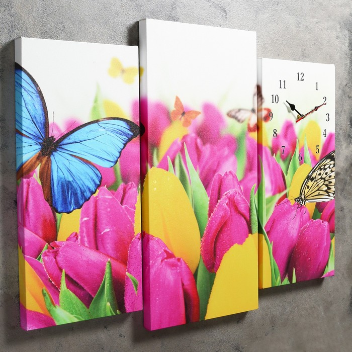Часы настенные модульные «Бабочки и тюльпаны», 60 × 80 см