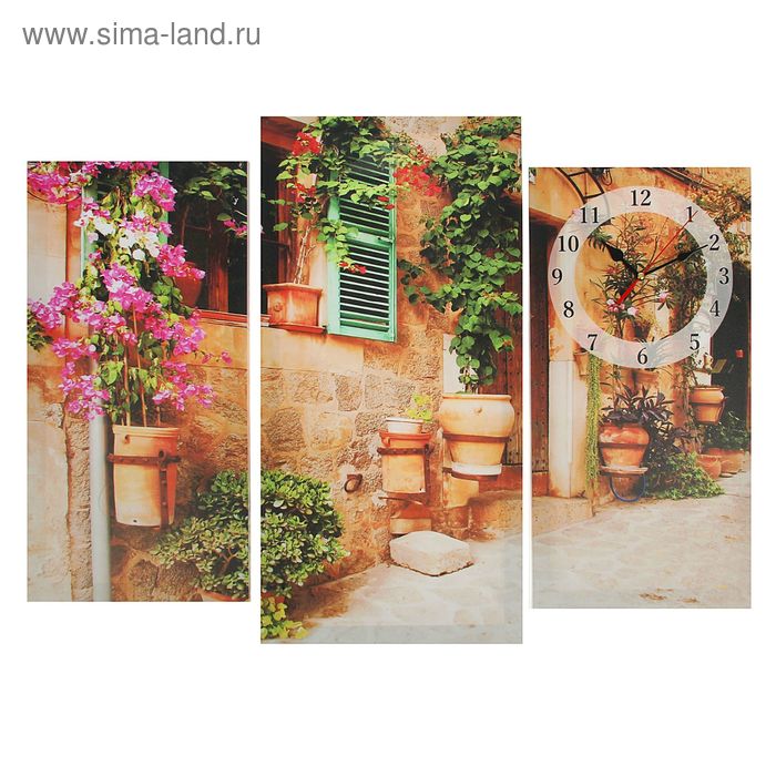 Часы настенные, модульные, серия: Цветы, Украшенный цветами дом, 60х80 см