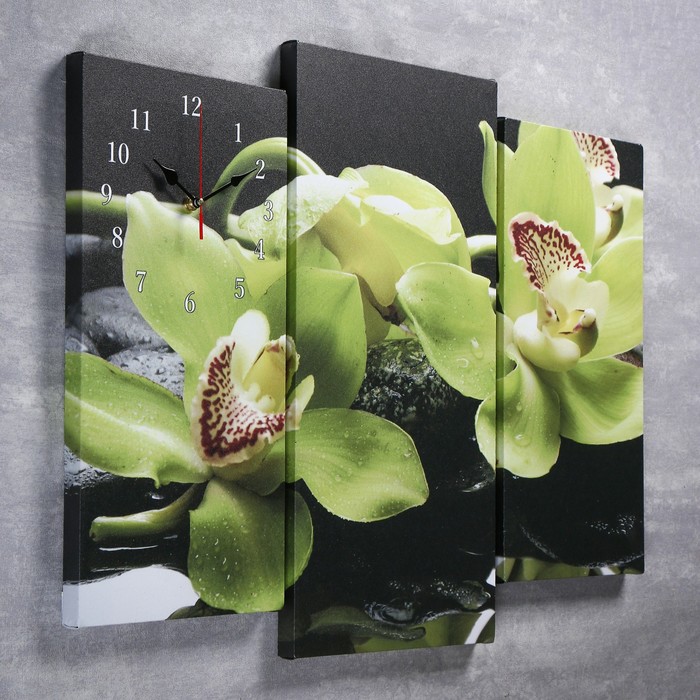 Часы настенные модульные «Зелёные орхидеи на камнях», 60 × 80 см