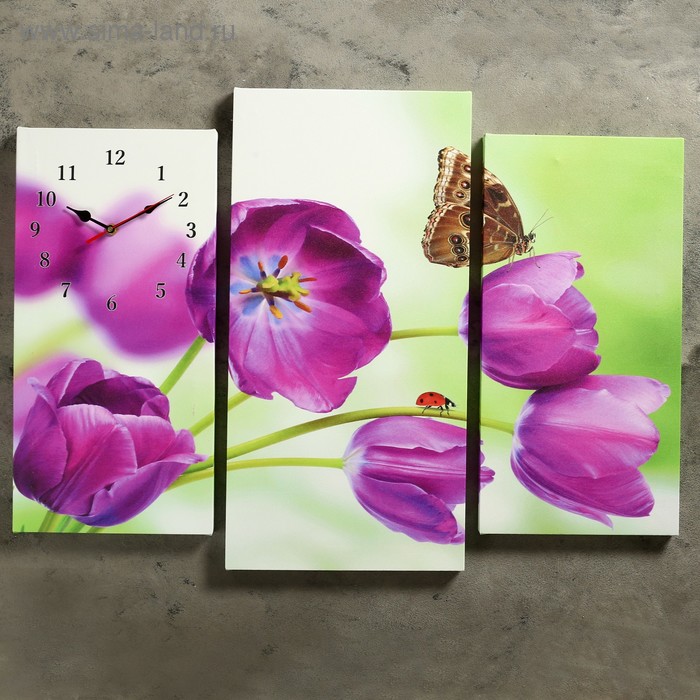 фото Часы настенные модульные «бабочка на сиреневых цветах», 60 × 80 см сюжет