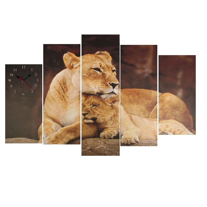 Часы настенные, модульные, серия: Животный мир, Львица со львенком, 80х140 см