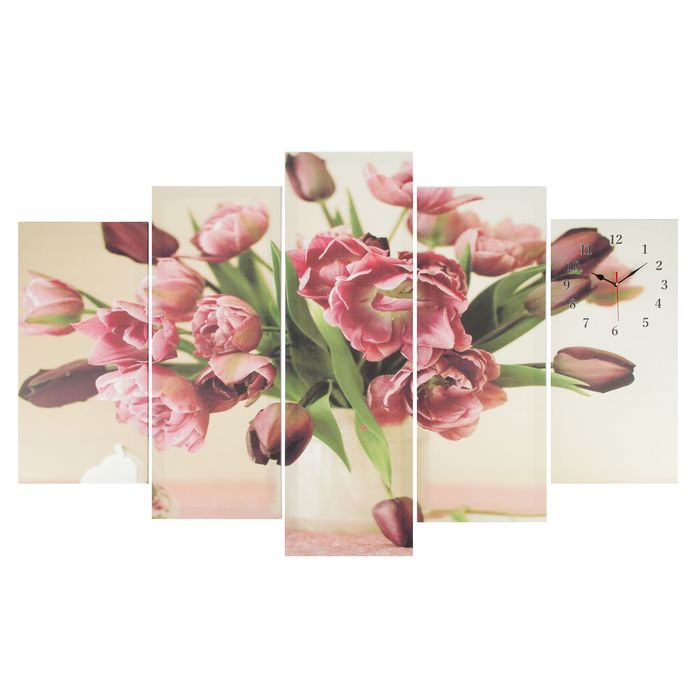 Часы настенные модульные «Бледно-красные тюльпаны», 80 × 140 см
