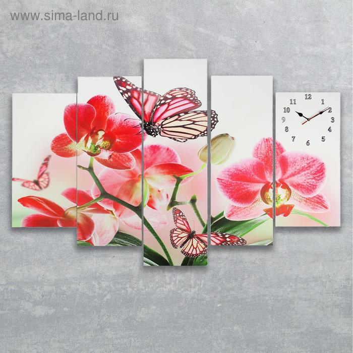 Часы настенные, модульные, серия: Цветы, Орхидеи и бабочка, 80х140 см