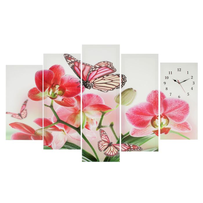 Часы настенные модульные «Орхидеи и бабочка», 80 × 140 см