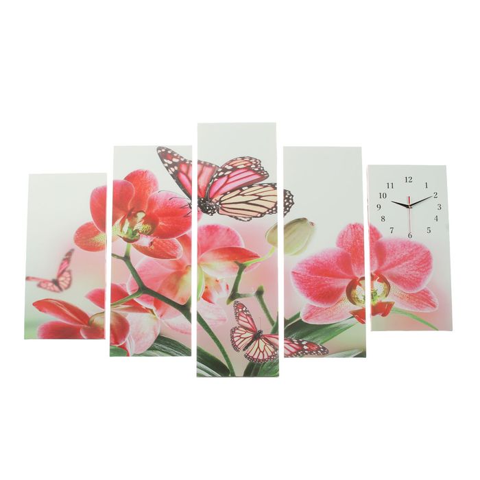 Часы настенные модульные «Орхидеи и бабочка», 80 × 140 см