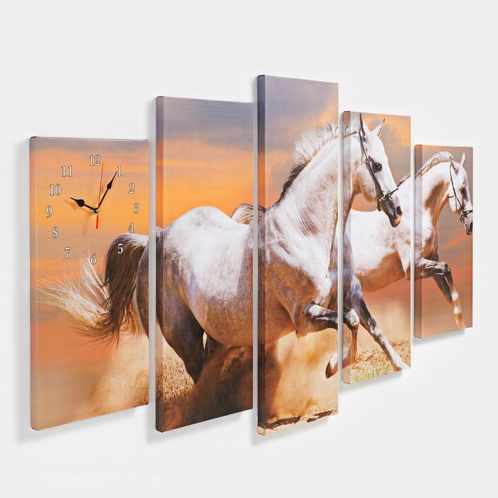 фото Часы настенные, модульные, серия: животный мир, "пара лошадей", 80х140 см сюжет