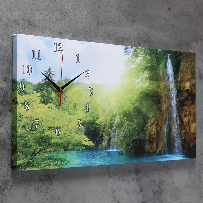 фото Часы-картина настенные, серия: природа, "лесной водопад", 40 х 76 см сюжет