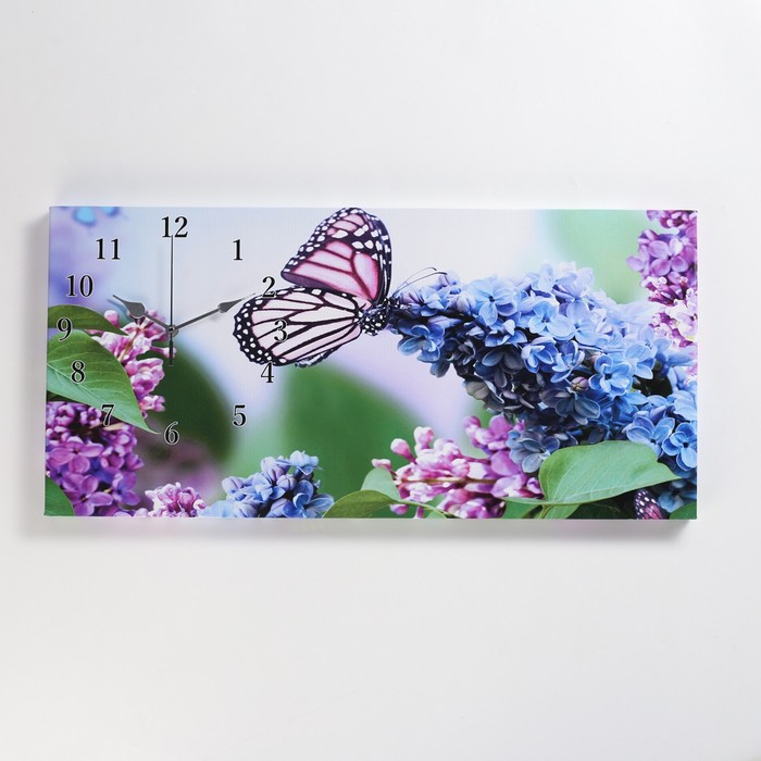 Часы-картина настенные, серия: Цветы, Сирень и бабочка, 40 х 76 см