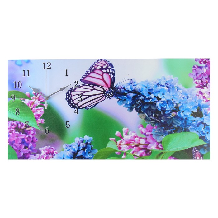 Часы настенные, на холсте, серия: Цветы, "Сирень и бабочка", 40х76  см, микс