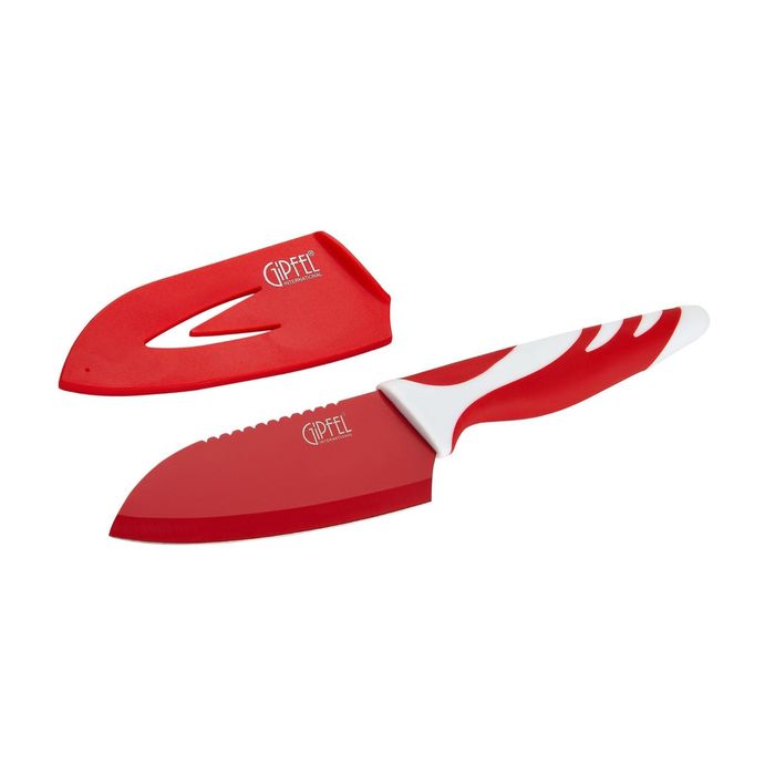 Нож сантоку Rainbow, 11 см, в пластиковом чехле, с защитным покрытием, пластиковая ручка красная