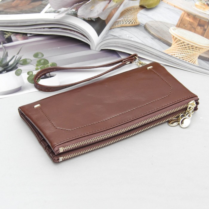 Кошелёк жен, 3 отдела, для карт, для монет с ручкой, цвет коричневый