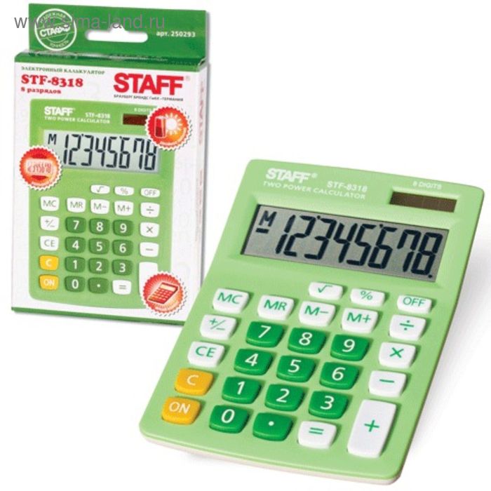 Калькулятор настольный 8-разрядный STAFF STF-8318 зелёный, двойное питание, 145х103 мм