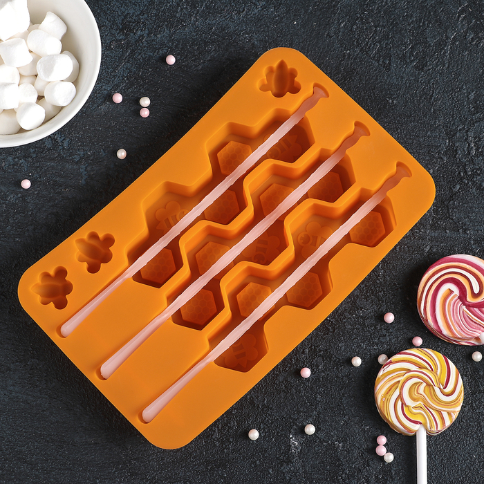 Форма для леденцов и мороженого, 3 ячейки, 20,5х12х2 см "Соты" с палочками, цвета МИКС