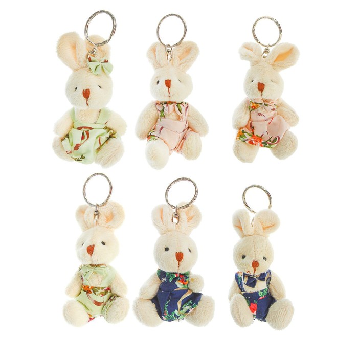 Мягкая игрушка-брелок "Зайка", одежда в цветочек, виды МИКС