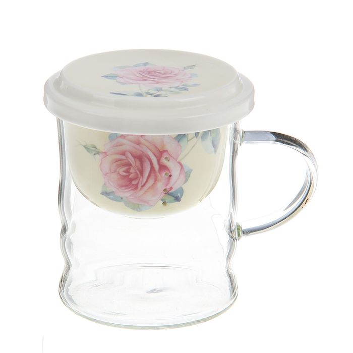 Кружка 350 мл "Нежная роза", с крышкой и керамическим ситом, цвета МИКС